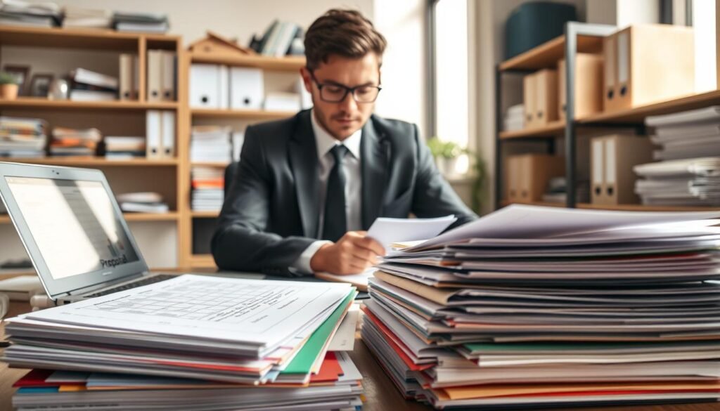 A professional workspace filled with a variety of documents related to a proposal process. In the foreground, a neatly arranged stack of colorful files and paperwork, with visible headers like "Proposal," "Budget," and "Attachments." In the middle, a laptop with an open spreadsheet and a notepad filled with handwritten notes. A business professional, dressed in formal attire, is seated at a desk, focused on reviewing the documents, with a concerned yet determined expression. The background features shelves lined with organizational tools and additional documents. Soft, natural sunlight streams in through a nearby window, casting a warm glow over the scene, creating an atmosphere of diligence and professionalism. The camera angle is slightly above eye level, offering an overview of the workspace.