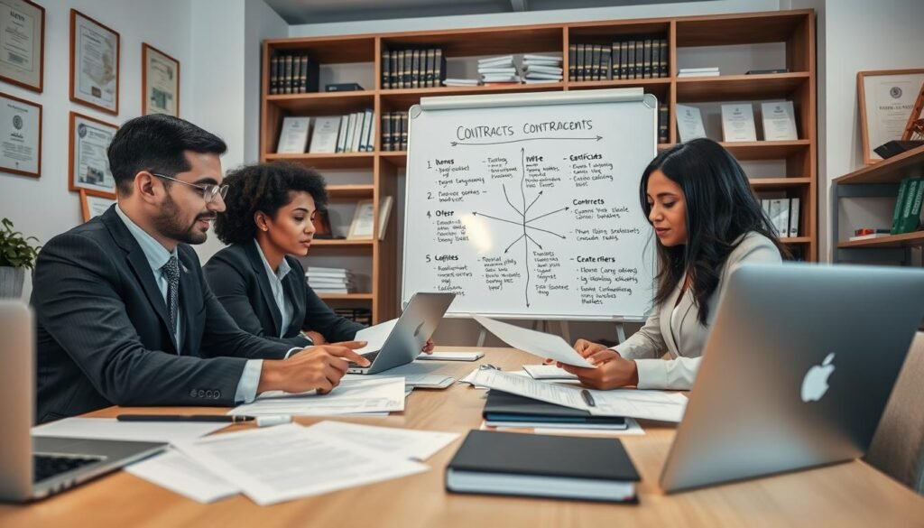 A professional workspace filled with documents, laptops, and contracts related to the contracting process in SECOP II. In the foreground, a diverse group of three individuals in professional business attire collaborate at a table, analyzing documents and discussing. One person gestures towards a detailed chart on a laptop screen, while another takes notes. In the middle ground, a large whiteboard showcases key themes and processes related to contracts and offers. The background features shelves with financial books and certificates, creating an atmosphere of learning and professionalism. Soft lighting illuminates the scene, highlighting the focus and determination of the group. The angle captures the dynamic interaction among the team, emphasizing teamwork and the importance of mastering contracting processes.