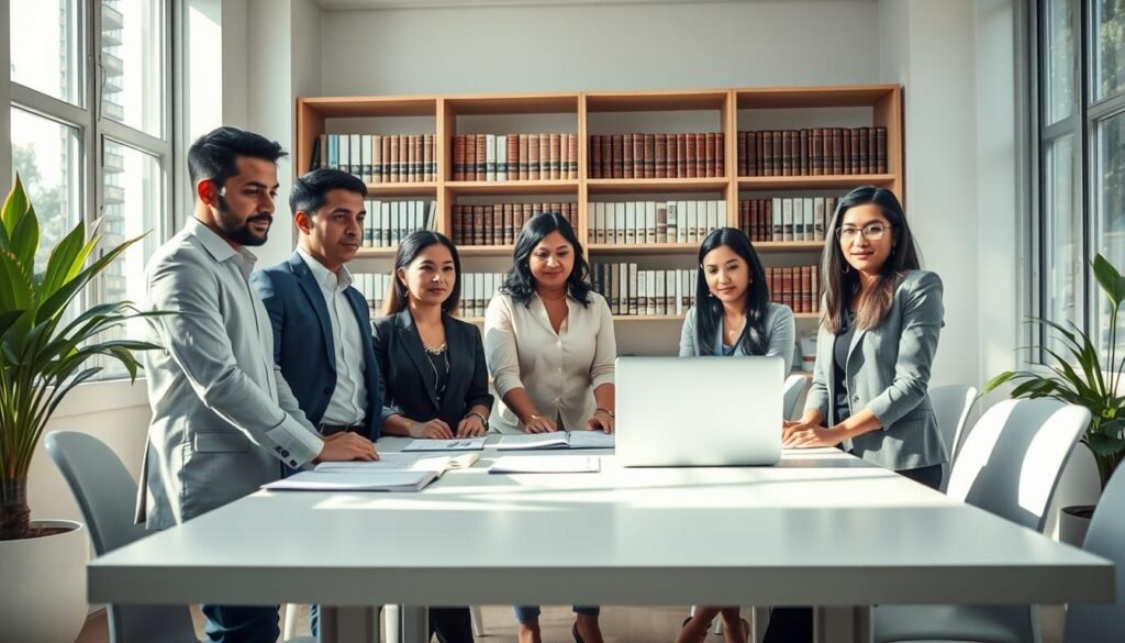 A professional workspace illuminated by soft, natural light streaming through large windows. In the foreground, a diverse group of business professionals, two men and two women, are engaged in a discussion around a large rectangular table covered with documents and a laptop. They are dressed in smart business attire, showcasing a mix of cultures and backgrounds. In the background, shelves filled with books and legal documents suggest a focus on compliance and thorough preparation. The atmosphere is collaborative and focused, with a subtle touch of greenery from potted plants visible in the corners. The composition suggests a serious yet optimistic mood, symbolizing diligence in meeting "requisitos" for participation in bidding processes in Colombia. The shot is captured at eye level, emphasizing engagement and teamwork.