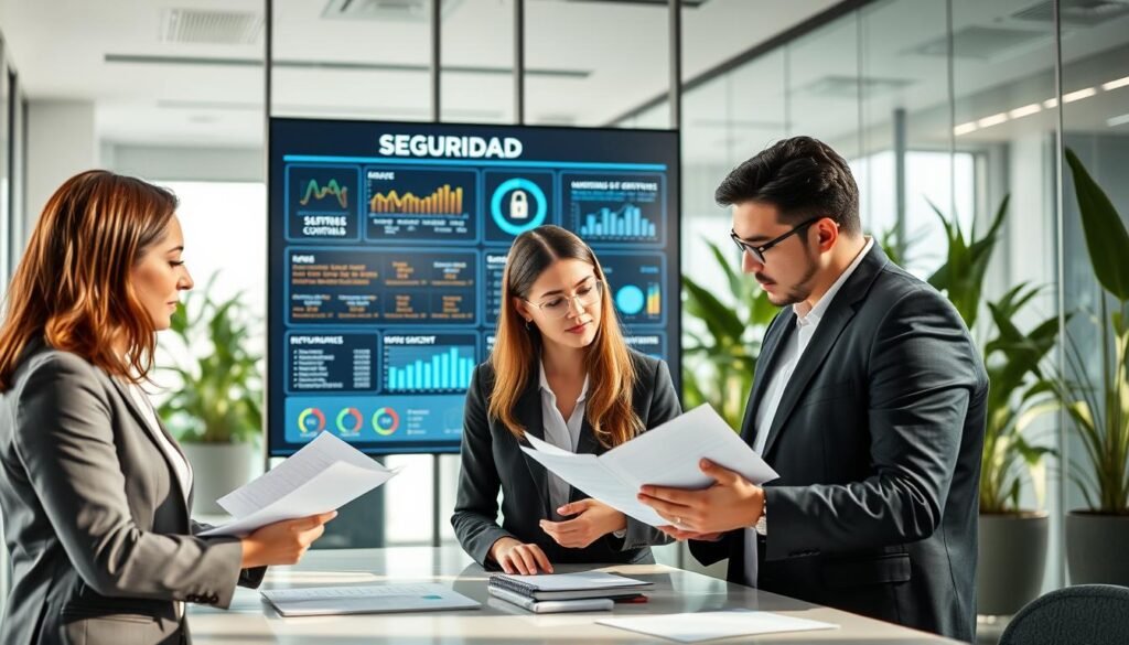 A professional workspace illustrating the concept of "seguridad" related to institutional control and performance. In the foreground, a diverse group of three individuals in business attire are engaged in a discussion, analyzing documents and data charts. They exhibit focused expressions, representing collaboration and dedication to safety and compliance. In the middle ground, a large digital display shows key performance indicators and security protocols, emphasizing technology in a secure environment. The background includes a sleek, modern office with glass walls and plants, promoting a sense of openness and transparency. Natural light filters through the windows, casting soft shadows and creating a calm yet purposeful atmosphere that underscores the importance of safety in institutional training programs.