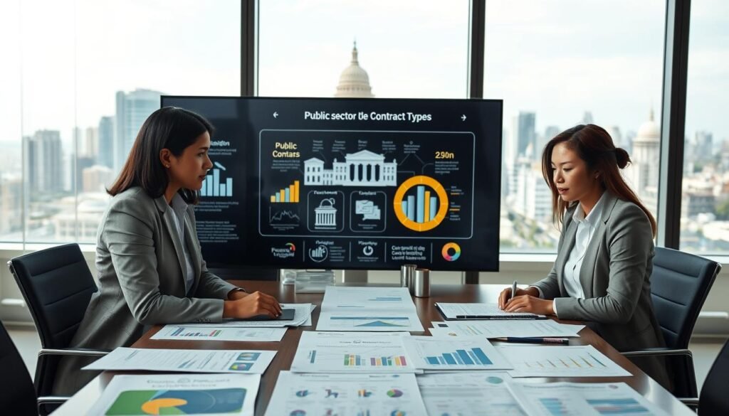 A professional workspace reflecting public sector contract types in Colombia. In the foreground, a diverse group of three professionals in smart business attire, engaged in a discussion around a large table filled with documents, charts, and graphs illustrating various public contract modalities. The middle ground features a large digital screen displaying icons and infographics related to public bidding processes. In the background, a clear window shows a cityscape, symbolizing government buildings. Soft, natural lighting filters in, creating an inviting and focused atmosphere. The lens captures a slight depth of field, bringing attention to the professionals while softly blurring the background. The mood is serious yet collaborative, emphasizing the importance of clear understanding in public administrative processes. A professional workspace reflecting public sector contract types in Colombia. In the foreground, a diverse group of three professionals in smart business attire, engaged in a discussion around a large table filled with documents, charts, and graphs illustrating various public contract modalities. The middle ground features a large digital screen displaying icons and infographics related to public bidding processes. In the background, a clear window shows a cityscape, symbolizing government buildings. Soft, natural lighting filters in, creating an inviting and focused atmosphere. The lens captures a slight depth of field, bringing attention to the professionals while softly blurring the background. The mood is serious yet collaborative, emphasizing the importance of clear understanding in public administrative processes.