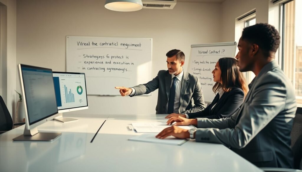 A professional workspace scene depicting a diverse group of business people in professional attire engaged in a contract negotiation. In the foreground, a focused woman examines documents on a sleek conference table, while a man points at a computer screen displaying risk assessment charts. The middle ground showcases a large window with natural light streaming in, illuminating the modern office setting. In the background, a whiteboard features strategies for protecting experience and execution in contractual agreements. The atmosphere is serious yet collaborative, emphasizing professionalism and foresight. The lighting is bright and warm, creating an inviting yet focused environment, captured with a slightly angled perspective to enhance depth. A professional workspace scene depicting a diverse group of business people in professional attire engaged in a contract negotiation. In the foreground, a focused woman examines documents on a sleek conference table, while a man points at a computer screen displaying risk assessment charts. The middle ground showcases a large window with natural light streaming in, illuminating the modern office setting. In the background, a whiteboard features strategies for protecting experience and execution in contractual agreements. The atmosphere is serious yet collaborative, emphasizing professionalism and foresight. The lighting is bright and warm, creating an inviting yet focused environment, captured with a slightly angled perspective to enhance depth.