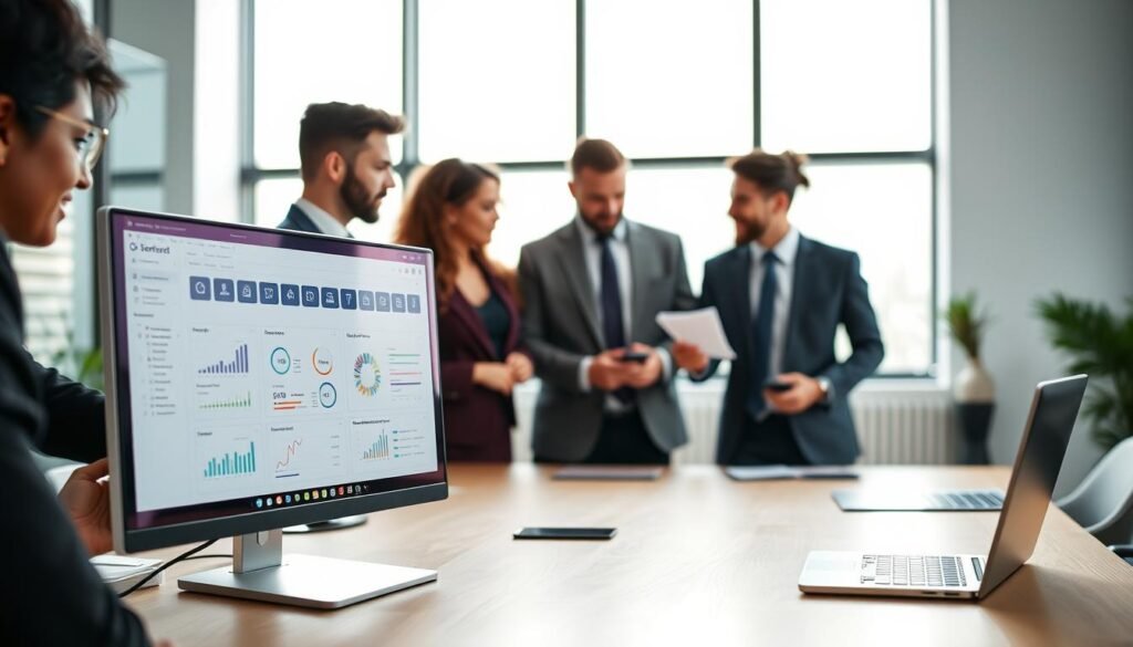 A professional workspace scene showcasing a diverse group of individuals collaborating around a modern conference table. In the foreground, focus on a computer screen displaying an intuitive software interface for managing bids and tenders, highlighted with relevant icons and graphs. The middle ground features engaged professionals in smart business attire, discussing strategies and analyzing data. The background includes a large window with natural light pouring in, illuminating the room and creating a productive atmosphere. Use a shallow depth of field to emphasize the tools and faces in the foreground while softly blurring the background. The mood is dynamic and hopeful, reflecting innovation and teamwork in the pursuit of opportunities in the tech sector.