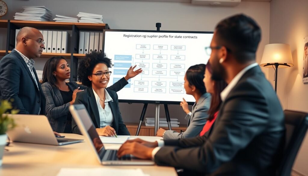 A professional workspace setting featuring a diverse group of individuals in business attire, engaged in a collaborative discussion about the registration process for government contracting. In the foreground, a focused woman is typing on a laptop, while in the middle, a man gestures towards a large screen displaying a detailed registration flowchart. The background shows shelves filled with documents and contracts, with soft, warm lighting creating an inviting atmosphere. The image captures the essence of teamwork and preparation, emphasizing the importance of setting up a supplier profile for state contracts. The scene is framed with a slight depth of field, highlighting the engaged expressions of the participants, conveying a sense of motivation and professionalism.