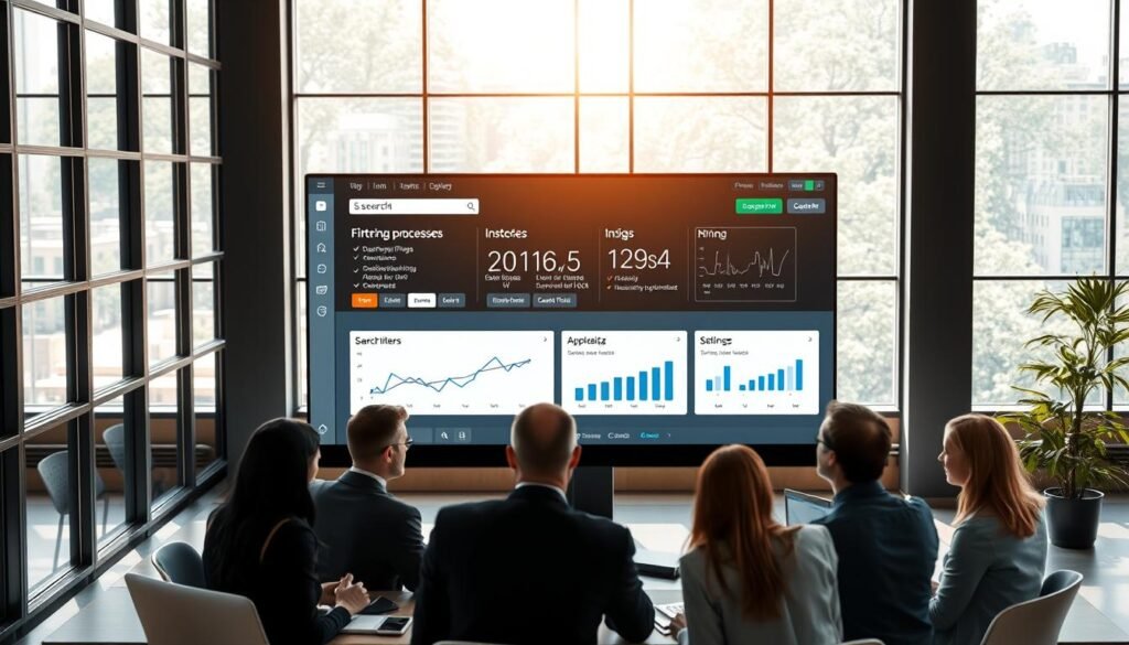 A professional workspace showcasing a computer screen displaying a digital interface for the SECOP II search process, with visual filters activated, highlighting the search functionalities. In the foreground, a diverse group of business professionals in smart casual attire, engaged in discussion and analysis, surrounded by documents and laptops. The middle ground features a large monitor displaying graphs and insights related to hiring processes, illustrating effective filtering options. The background captures a modern office environment with large windows allowing natural light to flood in, creating a bright and optimistic atmosphere. The image should evoke a sense of efficiency, collaboration, and technological advancement. Use a wide-angle lens to emphasize the workspace setup.