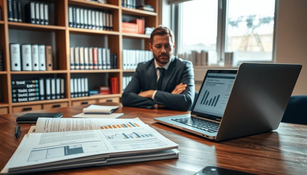 A professional workspace showcasing a detailed technical proposal on a wooden desk. In the foreground, a well-organized document folder is open, revealing graphs, charts, and notes regarding a bidding process. A laptop with a sleek design displays a relevant digital presentation. In the middle ground, a confident businessperson in formal attire is seated, analyzing the documents with a focused expression. The background features shelves filled with reference books on contracts and business strategy, illuminated by warm, natural light streaming through a window. The overall atmosphere conveys determination and professionalism, highlighting the step-by-step process of preparing a proposal for a public tender.