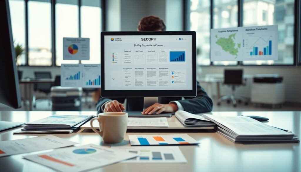A professional workspace showcasing a person using a computer to navigate the SECOP II platform, surrounded by various digital documents and charts representing bidding opportunities in Colombia. In the foreground, a focused individual in business attire is engaged in the task, attentively analyzing information on the screen. The middle ground features a sleek desk cluttered with educational materials about licitaciones cursos, alongside a coffee cup for energy. The background is softly blurred, hinting at a modern, well-lit office environment with large windows letting in natural light, creating an atmosphere of productivity and determination. The overall mood conveys ambition and focus on succeeding in the bidding process. A professional workspace showcasing a person using a computer to navigate the SECOP II platform, surrounded by various digital documents and charts representing bidding opportunities in Colombia. In the foreground, a focused individual in business attire is engaged in the task, attentively analyzing information on the screen. The middle ground features a sleek desk cluttered with educational materials about licitaciones cursos, alongside a coffee cup for energy. The background is softly blurred, hinting at a modern, well-lit office environment with large windows letting in natural light, creating an atmosphere of productivity and determination. The overall mood conveys ambition and focus on succeeding in the bidding process.