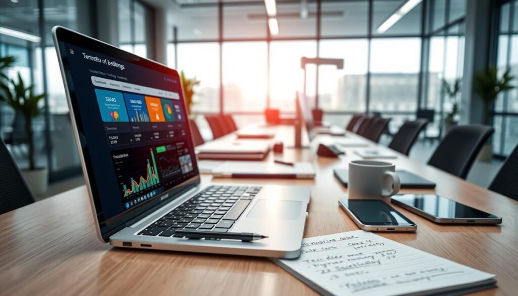 A professional workspace showcasing a vibrant digital landscape focused on information technology and bidding opportunities in Colombia. In the foreground, a sleek laptop displays a detailed, colorful dashboard of tender listings, with visual graphs and statistics. Beside the laptop, a notepad with handwritten notes and a coffee cup exude a productive atmosphere. The middle ground features an organized desk with various technological devices, like a tablet and smartphone, reflecting the tools used in the bidding process. The background shows a modern office with large windows and natural light flooding in, emphasizing clarity and focus. The mood is one of professionalism and opportunity, inspiring optimism about finding IT procurement bids. The angle captures a slightly elevated view, providing depth and clarity to the scene.