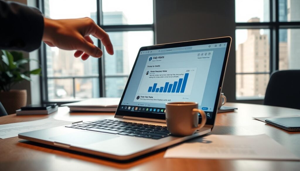 A professional workspace with a modern desk featuring a sleek laptop open to an email interface displaying daily alerts. In the foreground, a hand is reaching towards the laptop screen, highlighting a notification with a graphic of a rising bar chart, symbolizing business opportunities. The middle ground includes scattered documents and a coffee mug, suggesting a busy yet organized atmosphere. In the background, large windows allow natural light to flood the room, illuminating an urban cityscape. The mood is focused and optimistic, designed to evoke a sense of readiness for new possibilities. The scene is shot at a slightly angled perspective, using soft lighting to create a warm, inviting ambiance.