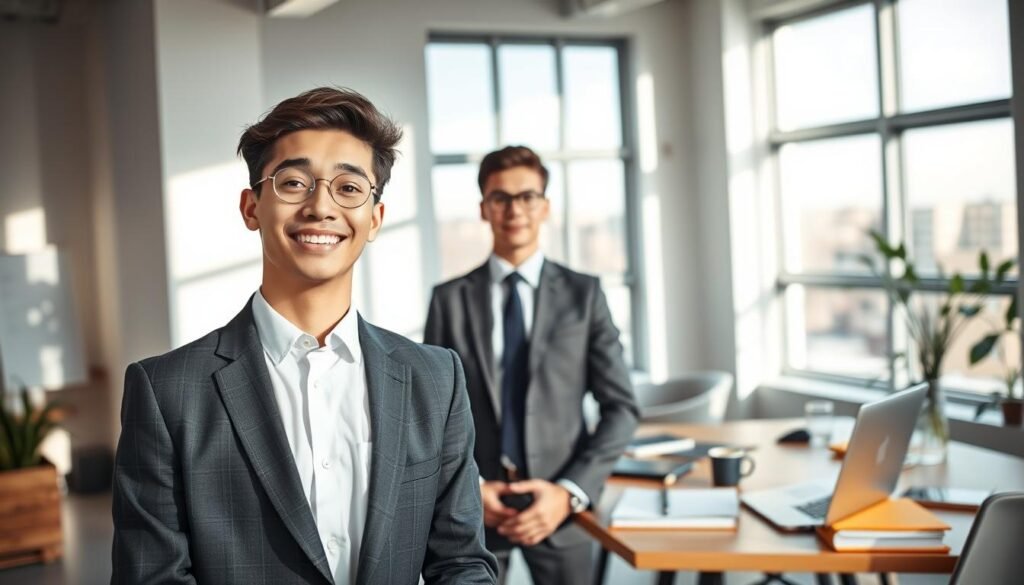 A professional, young individual standing confidently in a modern office space, dressed in smart business attire, looking expressive and optimistic. The foreground features the person in focus, showcasing their enthusiasm for new opportunities. In the middle ground, a desk is visible, cluttered with notebooks, a laptop, and coffee, symbolizing ongoing learning and preparation. The background depicts a bright, airy office environment with large windows letting in natural light, creating a warm and inviting atmosphere. Soft shadows are cast on the walls, emphasizing the professionalism of the setting. The image conveys a sense of ambition and readiness for growth, inspiring others who might consider the SECOP certification course.