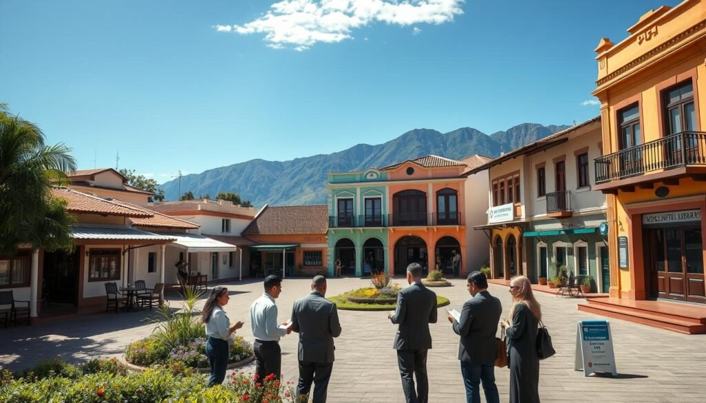 A serene Colombian town square showcasing a diverse group of small public entities, including a quaint government office, a community library, and a local health center. In the foreground, professionals in business attire are discussing documents, surrounded by greenery and colorful flowers. The middle layer features the charming, colonial-style buildings with vibrant facades and large windows, reflecting the community spirit. In the background, gentle mountains rise under a clear blue sky, casting soft shadows over the scene. The image is illuminated by warm, natural sunlight, creating a welcoming atmosphere. Use a slightly elevated angle to capture the bustling activity and intricate details of the architecture, conveying a sense of collaboration and accessibility. A serene Colombian town square showcasing a diverse group of small public entities, including a quaint government office, a community library, and a local health center. In the foreground, professionals in business attire are discussing documents, surrounded by greenery and colorful flowers. The middle layer features the charming, colonial-style buildings with vibrant facades and large windows, reflecting the community spirit. In the background, gentle mountains rise under a clear blue sky, casting soft shadows over the scene. The image is illuminated by warm, natural sunlight, creating a welcoming atmosphere. Use a slightly elevated angle to capture the bustling activity and intricate details of the architecture, conveying a sense of collaboration and accessibility.