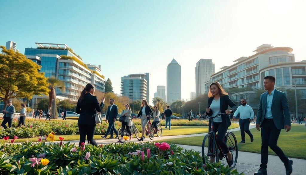 A serene and balanced cityscape representing "vida, calidad de vida" with a diverse group of professionals in business attire engaging in various outdoor activities such as walking, cycling, and enjoying nature. In the foreground, a well-maintained park filled with greenery and blooming flowers, with people interacting harmoniously. The middle ground features modern, eco-friendly buildings with green roofs and solar panels, incorporating elements of sustainability. In the background, a clear blue sky with soft, golden sunlight illuminating the scene, creating an uplifting and hopeful atmosphere. The composition should evoke a sense of peace, community well-being, and a healthy environment, captured in a wide-angle perspective to encompass the vibrancy of urban life alongside nature.