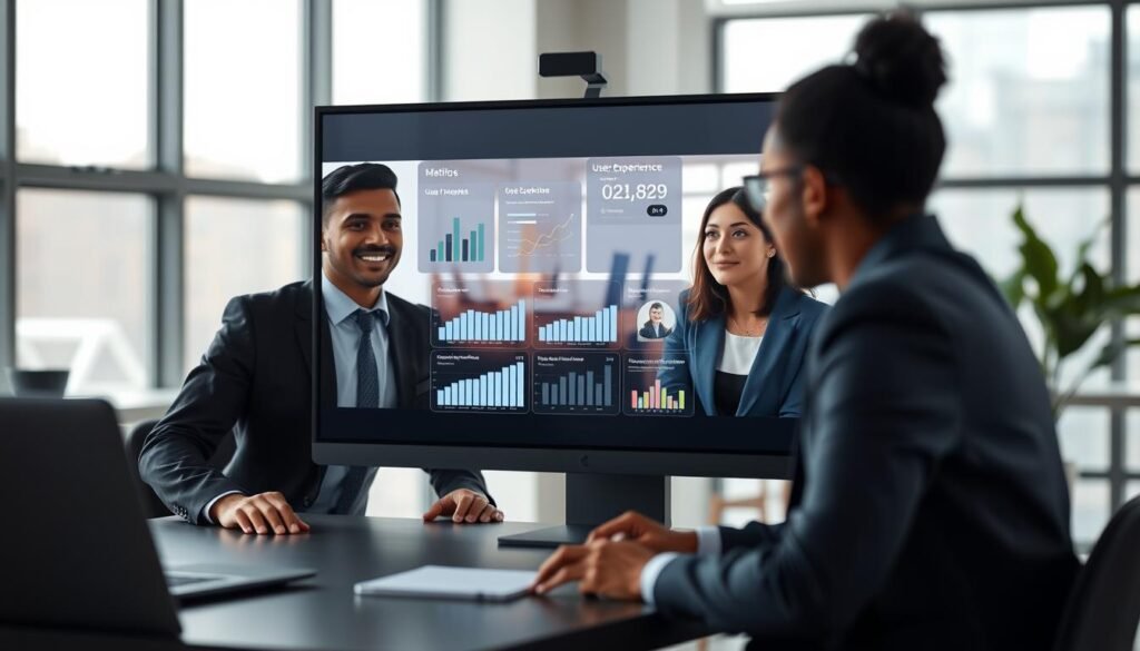 A serene and modern virtual workspace showcasing the concept of "gestión." In the foreground, a diverse group of three professionals engaged in a video conference call, dressed in smart business attire, exuding focus and collaboration. The middle ground features a sleek digital interface with various graphs and charts illustrating user experience metrics, glowing softly against the backdrop. The background offers a blurred view of a minimalist office space with large windows allowing natural light to flood in, creating an inviting atmosphere. The overall mood is one of productivity and accessibility, emphasizing a seamless digital experience. Soft lighting enhances the clarity of the scene, while a slight depth of field focuses on the professionals in action.