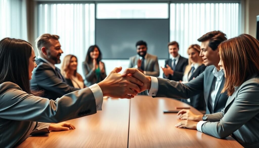 A serene and professional conference room setting symbolizing "conciliation", featuring a large round table at the center surrounded by diverse individuals in professional business attire engaged in a productive discussion. In the foreground, two hands shaking as a gesture of agreement. The middle ground captures passionate expressions and gestures from participants, showcasing a spirit of collaboration and understanding. In the background, a large window with soft, natural daylight streaming in, creating a warm and inviting atmosphere. The image is well-lit, with a focus that emphasizes the interaction between the participants, conveying a mood of hope and unity. The angle is slightly above eye-level, allowing a clear view of the table and the engaged expressions of the participants. A serene and professional conference room setting symbolizing "conciliation", featuring a large round table at the center surrounded by diverse individuals in professional business attire engaged in a productive discussion. In the foreground, two hands shaking as a gesture of agreement. The middle ground captures passionate expressions and gestures from participants, showcasing a spirit of collaboration and understanding. In the background, a large window with soft, natural daylight streaming in, creating a warm and inviting atmosphere. The image is well-lit, with a focus that emphasizes the interaction between the participants, conveying a mood of hope and unity. The angle is slightly above eye-level, allowing a clear view of the table and the engaged expressions of the participants.