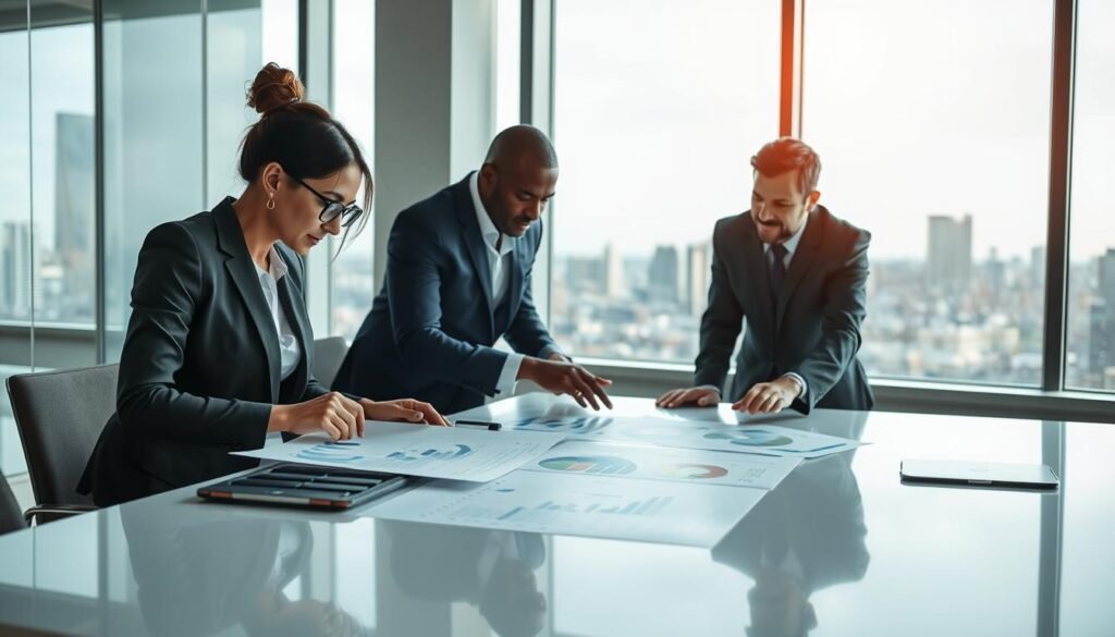 A serene office environment depicting a detailed evaluation of market conditions for a bidding process. In the foreground, a diverse group of three professionals, dressed in smart business attire, are intently analyzing charts and graphs on a sleek, modern table. One individual, a woman with glasses, thoughtfully examines a tablet, while a man points to a data projection on a nearby screen. The middle ground features a large window letting in soft, natural light that highlights the professionals' focused expressions, creating an atmosphere of collaboration and strategy. In the background, urban cityscapes are visible, symbolizing the broader market landscape. The overall mood is analytical and optimistic, emphasizing collaboration and strategic insight. A serene office environment depicting a detailed evaluation of market conditions for a bidding process. In the foreground, a diverse group of three professionals, dressed in smart business attire, are intently analyzing charts and graphs on a sleek, modern table. One individual, a woman with glasses, thoughtfully examines a tablet, while a man points to a data projection on a nearby screen. The middle ground features a large window letting in soft, natural light that highlights the professionals' focused expressions, creating an atmosphere of collaboration and strategy. In the background, urban cityscapes are visible, symbolizing the broader market landscape. The overall mood is analytical and optimistic, emphasizing collaboration and strategic insight.