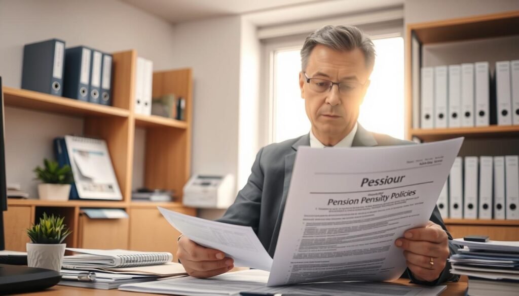 A serene office environment showcasing an individual working diligently at a desk filled with financial documents and pension-related paperwork. In the foreground, a middle-aged professional, dressed in smart business attire, is reviewing a form that outlines pension benefits, with a thoughtful expression on their face. The middle layer captures a bright window allowing soft, natural light to illuminate the room, highlighting a calendar and a plant on the desk. In the background, shelves lined with binders and books on social security policies suggest a resource-rich atmosphere. The overall mood is one of focused determination and clarity, emphasizing the importance of understanding pension rights and requirements in a professional setting. A serene office environment showcasing an individual working diligently at a desk filled with financial documents and pension-related paperwork. In the foreground, a middle-aged professional, dressed in smart business attire, is reviewing a form that outlines pension benefits, with a thoughtful expression on their face. The middle layer captures a bright window allowing soft, natural light to illuminate the room, highlighting a calendar and a plant on the desk. In the background, shelves lined with binders and books on social security policies suggest a resource-rich atmosphere. The overall mood is one of focused determination and clarity, emphasizing the importance of understanding pension rights and requirements in a professional setting.