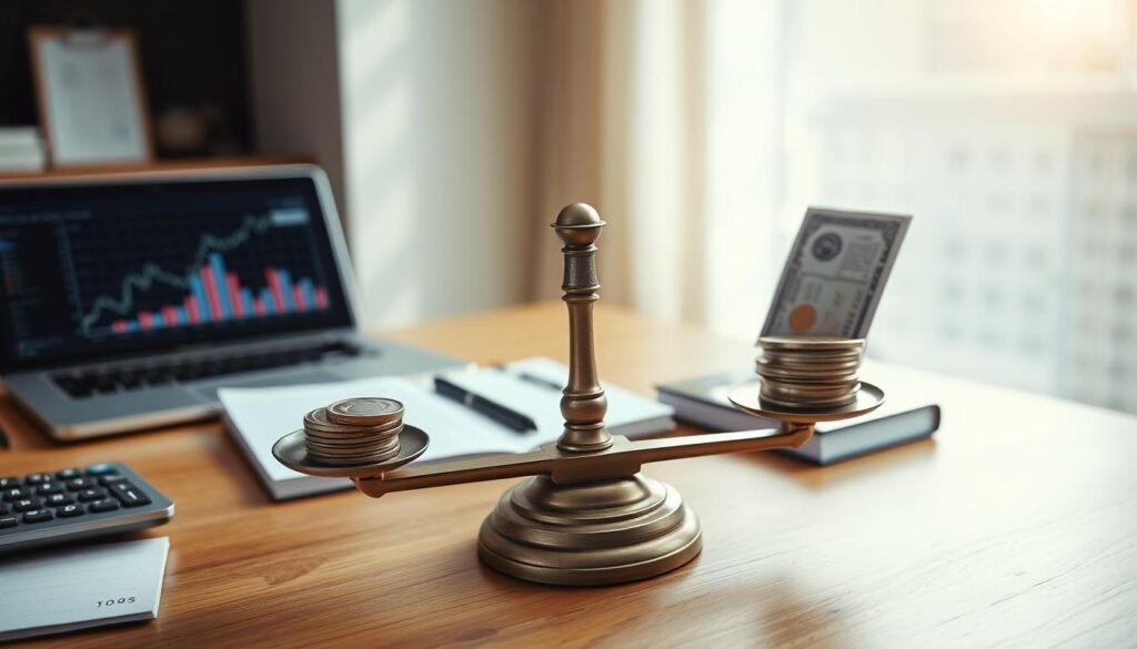 A serene office environment showcasing balance in finance. In the foreground, a wooden desk is neatly organized with a laptop displaying financial graphs, a calculator, and a notepad filled with numerical figures. In the middle, prominently feature a balanced scale, illustrating the concept of financial stability, with one side holding stacks of coins and the other containing bills and a small financial report. The background portrays a large window with soft, diffused sunlight casting gentle shadows, creating a warm and professional atmosphere. The color palette should be calming, with soft blues and greens. Capture the scene from a slightly elevated angle, emphasizing the balance between assets and liabilities, highlighting a mood of clarity and organization.