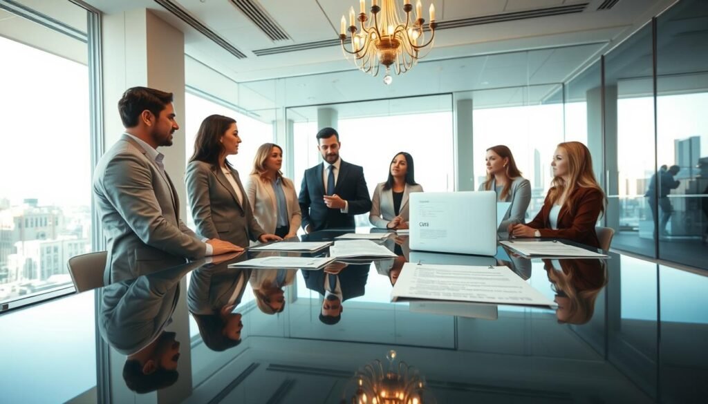 A serene office environment showcasing clarity and transparency in public contracting. In the foreground, a polished glass table reflects light from an overhead chandelier, symbolizing openness. On the table, neatly arranged documents and a laptop display digital contracts, highlighting efficiency. The middle ground features a diverse team of professionals in formal business attire engaged in discussion, with expressions of focus and collaboration. They are surrounded by clear glass partitions, emphasizing transparency in communication. In the background, large windows reveal a bright cityscape, suggesting progress and integrity. Soft, warm lighting permeates the scene, creating an inviting atmosphere that reinforces the principles of efficiency and transparency in public contracting. The angle captures the team from an elevated perspective, showcasing their engagement while maintaining a sense of professionalism.