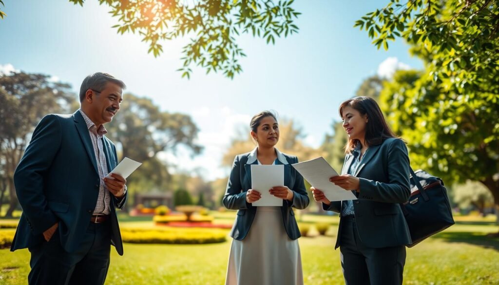 A serene outdoor setting that embodies the concept of "conciliation" in a Colombian context. In the foreground, a group of three diverse professionals in business attire, two men and one woman, are engaging in a thoughtful discussion, exchanging papers that symbolize legal documents. In the middle ground, a soft-focus view of a lush green park with traditional Colombian flora enhances the atmosphere of harmony. In the background, a clear blue sky casts gentle sunlight, illuminating the scene and creating a hopeful ambiance. The composition should be taken from a slightly low angle to highlight the interactions of the group while framing the natural beauty around them, conveying a sense of peaceful resolution and collaboration. A serene outdoor setting that embodies the concept of "conciliation" in a Colombian context. In the foreground, a group of three diverse professionals in business attire, two men and one woman, are engaging in a thoughtful discussion, exchanging papers that symbolize legal documents. In the middle ground, a soft-focus view of a lush green park with traditional Colombian flora enhances the atmosphere of harmony. In the background, a clear blue sky casts gentle sunlight, illuminating the scene and creating a hopeful ambiance. The composition should be taken from a slightly low angle to highlight the interactions of the group while framing the natural beauty around them, conveying a sense of peaceful resolution and collaboration.