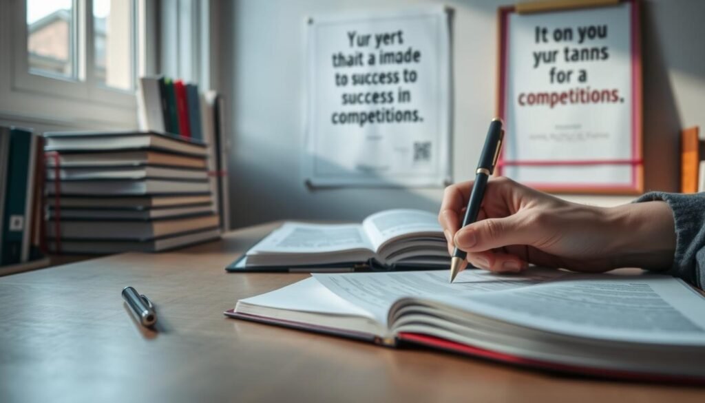 A serene study environment showcasing an organized desk with neatly stacked papers and a pen lying next to an open notebook. In the foreground, a pair of hands, representing a student in professional attire, are poised above the pages, ready to write. The middle ground features a subtle depiction of books on exam preparation, with informational charts and colored tabs peeking out. In the background, a soft-focus window allows natural light to filter in, illuminating a motivational poster about success in competitions, enhancing the atmosphere of focus and determination. The overall mood is calm and studious, inspiring a sense of preparation and ambition in the viewer.
