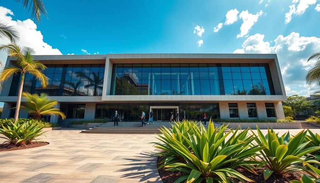 A serene view of the Judicial Administration building in Valledupar, Colombia, showcasing its modern architectural design. In the foreground, a neat courtyard with native tropical plants and a pathway leading to the entrance, emphasizing a welcoming atmosphere. The middle layer features the building's façade, made of glass and concrete, reflecting the sunlight, with people in professional attire entering and exiting, subtly indicating a busy work environment. In the background, the blue sky with fluffy white clouds, enhancing the overall brightness of the scene. The lighting is warm and natural, capturing the essence of a sunny day. The composition is captured at eye level, providing a balanced and engaging perspective that evokes a sense of professionalism and accessibility.