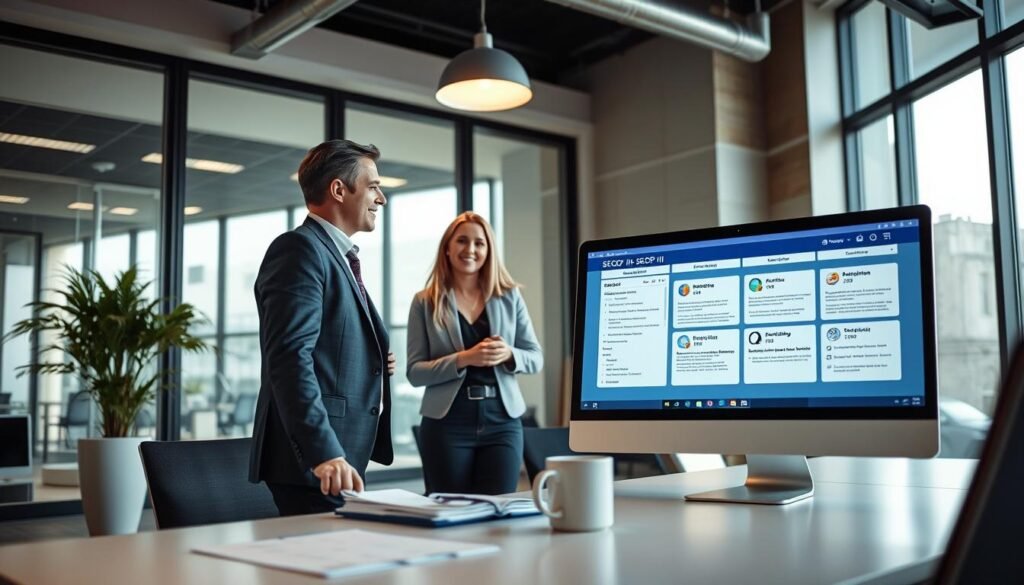 A sleek and modern office space featuring a computer screen displaying the SECOP II interface, which is bright and user-friendly with graphical representations of data and procurement processes. In the foreground, a business professional, dressed in formal attire, is engaged in a discussion with a colleague, both looking focused and optimistic. The middle ground showcases a clean desk filled with documents and a coffee mug, adding a touch of everyday work life. In the background, large windows allow natural light to flood the room, creating an inviting atmosphere. The overall mood is one of productivity and technological advancement, highlighting the transformative impact of SECOP II on public contracting. The angle is slightly elevated to capture both the interaction and the digital interface clearly.