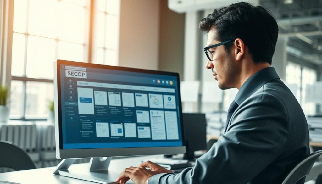 A sleek and organized digital workspace featuring a modern computer with the SECOP document library interface displayed on the screen. In the foreground, a business professional in smart attire is intently examining a collection of supplier documents on the computer. The middle ground showcases a well-lit office space with documents neatly arranged in folders, symbolizing organization and efficiency. The background displays a large window with natural daylight streaming in, creating a bright and inviting atmosphere. Soft shadows add depth, and the overall mood is one of professionalism and diligence in managing important supplier files. The angle should be slightly elevated, capturing both the screen and the professional's engaged expression. A sleek and organized digital workspace featuring a modern computer with the SECOP document library interface displayed on the screen. In the foreground, a business professional in smart attire is intently examining a collection of supplier documents on the computer. The middle ground showcases a well-lit office space with documents neatly arranged in folders, symbolizing organization and efficiency. The background displays a large window with natural daylight streaming in, creating a bright and inviting atmosphere. Soft shadows add depth, and the overall mood is one of professionalism and diligence in managing important supplier files. The angle should be slightly elevated, capturing both the screen and the professional's engaged expression.