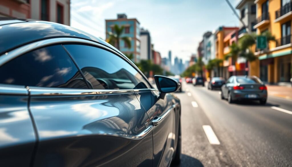 A sleek, modern automotive vehicle prominently displayed in the foreground, showcasing its intricate design elements such as polished chrome accents, a futuristic dashboard visible through the panoramic windows, and aerodynamic body lines. In the middle ground, depict a well-maintained urban street scene with subtle signs of traffic and hints of Colombian architecture, like colorful facades, to provide context. The background should have a blurred skyline under a bright, sunny day, enhancing the clarity of the vehicle. Utilize soft directional lighting to highlight reflections on the car’s surface, creating a dynamic and inviting atmosphere. The angle should be slightly low, giving the viewer a sense of grandeur and importance of the vehicle in urban mobility and law discussions. A sleek, modern automotive vehicle prominently displayed in the foreground, showcasing its intricate design elements such as polished chrome accents, a futuristic dashboard visible through the panoramic windows, and aerodynamic body lines. In the middle ground, depict a well-maintained urban street scene with subtle signs of traffic and hints of Colombian architecture, like colorful facades, to provide context. The background should have a blurred skyline under a bright, sunny day, enhancing the clarity of the vehicle. Utilize soft directional lighting to highlight reflections on the car’s surface, creating a dynamic and inviting atmosphere. The angle should be slightly low, giving the viewer a sense of grandeur and importance of the vehicle in urban mobility and law discussions.