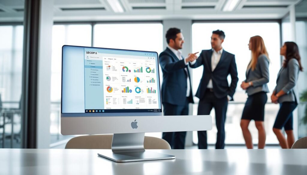 A sleek, modern digital platform interface representing "plataforma gestión" for electronic document access in Colombia. The foreground features a desktop computer with a clear, vibrant screen displaying the SECOP II interface, showcasing organized files and charts. In the middle ground, a diverse group of professionals dressed in smart business attire are engaged in a discussion, pointing at the screen, emphasizing collaboration and efficiency. The background is an office environment with soft lighting that conveys a productive atmosphere, enhanced by light coming from large windows. The overall mood is focused and professional, suggesting a seamless transition from SECOP I to SECOP II, highlighting enhancements in electronic document management.