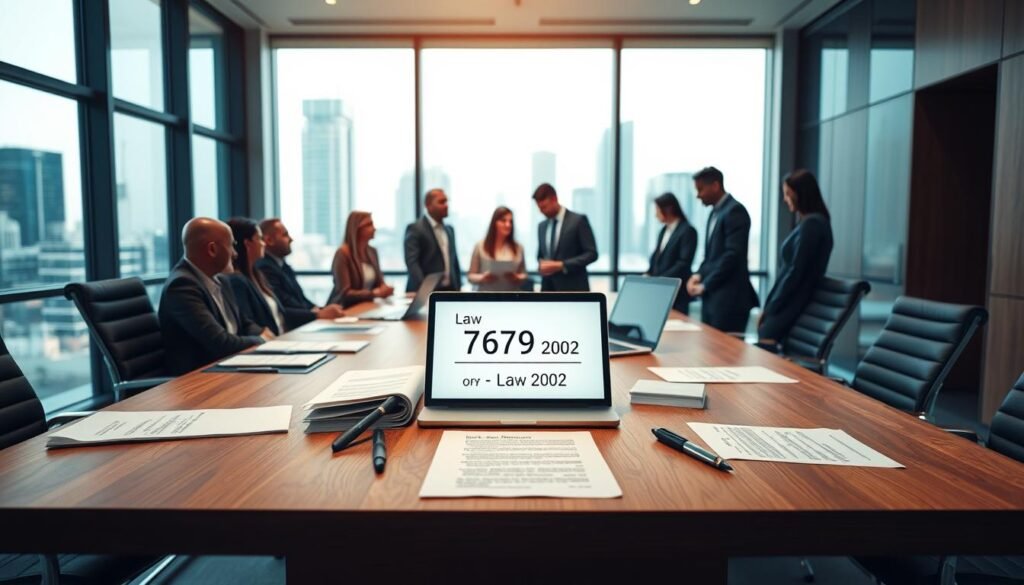A sleek, modern office environment, featuring a large wooden conference table in the foreground, surrounded by thoughtfully arranged legal documents and a laptop displaying a digital representation of law 769 of 2002. In the middle ground, a diverse group of professionals in business attire engage in a focused discussion, highlighting collaboration and analysis of the law. The background showcases a large window with natural light pouring in, revealing a cityscape beyond, symbolizing progress and impact on society. The color palette should be a mixture of warm wood tones and cool blues, creating a balanced and professional atmosphere. Capture the scene from a slightly elevated angle, emphasizing both the documents and the engaged professionals. The mood should reflect seriousness, respect for the legal subject, and a sense of purpose. A sleek, modern office environment, featuring a large wooden conference table in the foreground, surrounded by thoughtfully arranged legal documents and a laptop displaying a digital representation of law 769 of 2002. In the middle ground, a diverse group of professionals in business attire engage in a focused discussion, highlighting collaboration and analysis of the law. The background showcases a large window with natural light pouring in, revealing a cityscape beyond, symbolizing progress and impact on society. The color palette should be a mixture of warm wood tones and cool blues, creating a balanced and professional atmosphere. Capture the scene from a slightly elevated angle, emphasizing both the documents and the engaged professionals. The mood should reflect seriousness, respect for the legal subject, and a sense of purpose.