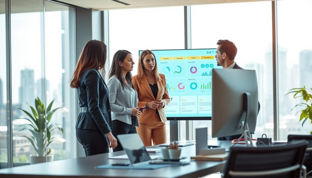 A sleek modern office space featuring a large, high-tech computer screen displaying the "SIET" platform interface, with vibrant colors and easy-to-read graphics. In the foreground, a diverse group of three professionals, two women and one man, are interacting with the screen. They are dressed in smart business attire, focused and engaged as they discuss the platform’s features. The middle ground emphasizes a clean, organized desk space with office supplies and digital devices, contributing to a productive atmosphere. The background showcases a bright window with a city skyline, allowing natural light to illuminate the scene, creating an optimistic and innovative mood. The perspective is slightly angled to give depth, capturing both the professionals and the technological aspects of the "SIET" platform. A sleek modern office space featuring a large, high-tech computer screen displaying the "SIET" platform interface, with vibrant colors and easy-to-read graphics. In the foreground, a diverse group of three professionals, two women and one man, are interacting with the screen. They are dressed in smart business attire, focused and engaged as they discuss the platform’s features. The middle ground emphasizes a clean, organized desk space with office supplies and digital devices, contributing to a productive atmosphere. The background showcases a bright window with a city skyline, allowing natural light to illuminate the scene, creating an optimistic and innovative mood. The perspective is slightly angled to give depth, capturing both the professionals and the technological aspects of the "SIET" platform.
