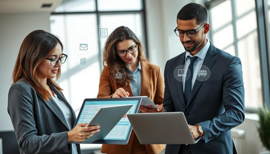 A sleek, modern workspace featuring a diverse group of three professionals actively engaged in discussion. In the foreground, a confident woman in a smart blazer and glasses reviews digital documents on a tablet, while a man in a tailored suit points at a laptop screen displaying a data analysis dashboard. In the middle ground, another team member, dressed in professional attire, types notes on a laptop, surrounded by floating icon graphics symbolizing filtering, monitoring, and bidding services. The background showcases a bright office space with large windows letting in natural light, casting soft shadows, and enhancing the collaborative atmosphere. The image exudes a sense of focus and professionalism, ideal for illustrating efficient services in a contemporary business environment.