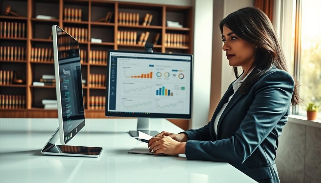 A sleek office environment featuring a modern desk displaying a computer screen with a detailed database interface for medication tenders. In the foreground, a confident professional in formal business attire, a Colombian woman with dark hair, is reviewing data on the screen, with a notepad and pen in hand. The middle ground showcases charts and graphs displayed on the monitor, illuminated by soft, natural lighting from a large window, casting a warm glow. The background reveals a tastefully decorated office space with bookshelves filled with legal and pharmaceutical texts. The overall mood is focused and professional, illustrating a sense of opportunity and diligence in the field of medical procurement in Colombia. High-resolution, realistic details, bright colors, and a dynamic angle that emphasizes the computer screen and the professional's engagement with the task.