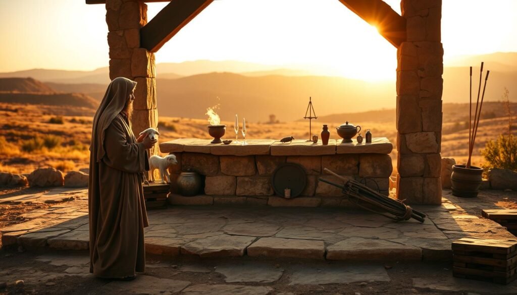 A solemn scene depicting a biblical altar set in ancient Israel, with a worshipper dressed in modest, flowing robes, standing in reverence at the forefront. The figure holds a small lamb, symbolizing the sacrificial offering. In the middle ground, the altar is constructed from weathered stone, adorned with incense and symbolic items representing offerings from the Old Testament. In the background, distant hills and a soft, sunset glow create a peaceful atmosphere, enhancing the spirituality of the moment. The lighting is warm and golden, casting gentle shadows that evoke a sense of reverence and history. The angle is slightly elevated, providing a panoramic view that captures the essence of the act of offering.