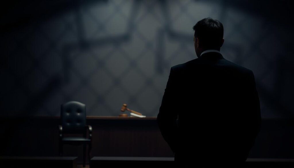 A somber, reflective scene depicting the concept of "pena prisión" (prison sentence) in a Colombian context. In the foreground, a solitary figure in professional business attire, representing a judge, stands in a dimly lit courtroom, gazing thoughtfully at a set of legal documents. In the middle ground, a traditional wooden bench and gavel signify the authority of the legal system, while an empty defendant's chair conveys a sense of absence and consequence. The background features soft, shadowy outlines of prison bars enhancing the atmosphere of confinement. The lighting is dramatic, casting deep shadows to evoke seriousness and gravity, with a slightly blurred perspective to give a sense of depth. The overall mood is somber and contemplative, emphasizing the weight of justice and its impact on society. A somber, reflective scene depicting the concept of "pena prisión" (prison sentence) in a Colombian context. In the foreground, a solitary figure in professional business attire, representing a judge, stands in a dimly lit courtroom, gazing thoughtfully at a set of legal documents. In the middle ground, a traditional wooden bench and gavel signify the authority of the legal system, while an empty defendant's chair conveys a sense of absence and consequence. The background features soft, shadowy outlines of prison bars enhancing the atmosphere of confinement. The lighting is dramatic, casting deep shadows to evoke seriousness and gravity, with a slightly blurred perspective to give a sense of depth. The overall mood is somber and contemplative, emphasizing the weight of justice and its impact on society.