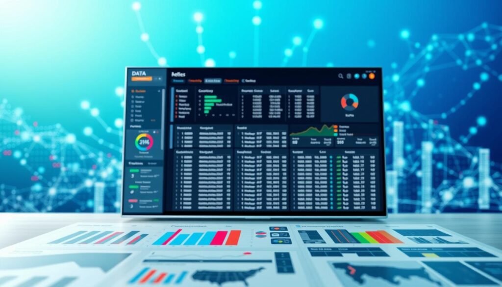 A sophisticated and modern data management dashboard sits in the foreground, featuring an array of colorful graphs, charts, and data filters. The middle ground displays a screen filled with rows of data entries, depicting a robust database of opportunities, with interactive filters for customization catching the viewer's eye. In the background, an abstract digital landscape of coding and network connections suggests advanced technology, illuminated by a soft blue and green glow. The lighting is bright and professional, creating a sense of clarity and efficiency. The mood is one of empowerment and innovation, appealing to users searching for optimal data control and tailored opportunities. The image should focus on sleek design elements without any text or logos, ensuring a clean and polished look. A sophisticated and modern data management dashboard sits in the foreground, featuring an array of colorful graphs, charts, and data filters. The middle ground displays a screen filled with rows of data entries, depicting a robust database of opportunities, with interactive filters for customization catching the viewer's eye. In the background, an abstract digital landscape of coding and network connections suggests advanced technology, illuminated by a soft blue and green glow. The lighting is bright and professional, creating a sense of clarity and efficiency. The mood is one of empowerment and innovation, appealing to users searching for optimal data control and tailored opportunities. The image should focus on sleek design elements without any text or logos, ensuring a clean and polished look.