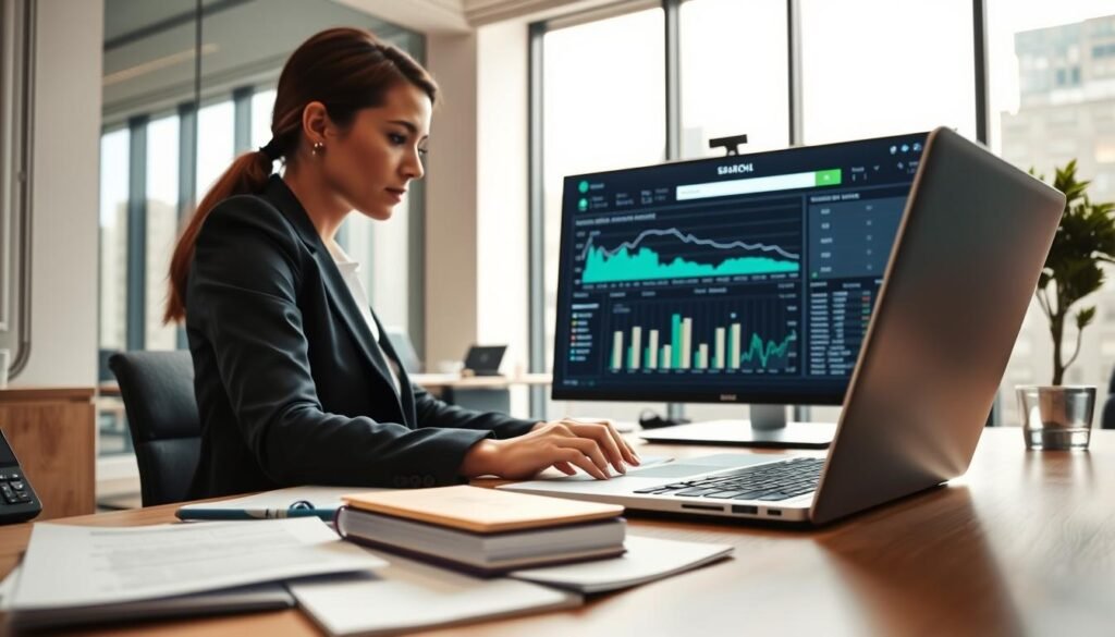 A sophisticated office environment showcasing a business professional, a woman in business attire, focused on her laptop, performing advanced public procurement searches. In the foreground, her desk, cluttered with paperwork and a notebook filled with notes, symbolizes diligent research. In the middle ground, a large screen displaying graphs and statistics indicating search results for public tenders. The background features a sleek, modern office with large windows, allowing for soft, natural light to illuminate the scene, creating an atmosphere of productivity and determination. The overall mood is professional and dynamic, emphasizing the seriousness of public contracting and the drive for efficiency in the search process. Use a slightly low angle to give the image depth and a sense of focus on her work. A sophisticated office environment showcasing a business professional, a woman in business attire, focused on her laptop, performing advanced public procurement searches. In the foreground, her desk, cluttered with paperwork and a notebook filled with notes, symbolizes diligent research. In the middle ground, a large screen displaying graphs and statistics indicating search results for public tenders. The background features a sleek, modern office with large windows, allowing for soft, natural light to illuminate the scene, creating an atmosphere of productivity and determination. The overall mood is professional and dynamic, emphasizing the seriousness of public contracting and the drive for efficiency in the search process. Use a slightly low angle to give the image depth and a sense of focus on her work.
