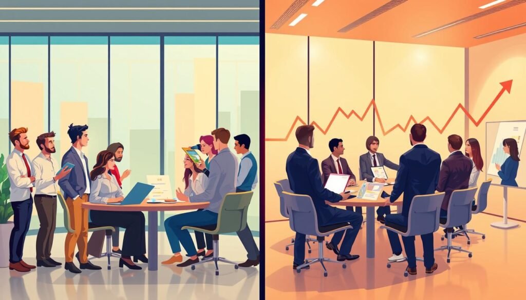 A split-screen illustration depicting the difference between demand and supply in a market context. On the left, show a diverse group of buyers in a modern office setting, eager and engaged, symbolizing demand. They are dressed in professional attire, analyzing charts and discussing products. On the right, visualize suppliers as a team of business people in a sleek conference room, strategizing about product offerings. They are also in business attire, with presentations highlighting supply metrics and available inventory. The background features abstract representations of fluctuating market graphs and arrows, with warm lighting to create an optimistic atmosphere. The composition should balance both sides effectively, emphasizing the dynamic interplay between demand and supply, framed from a slightly elevated angle to capture the entire scene vibrantly.