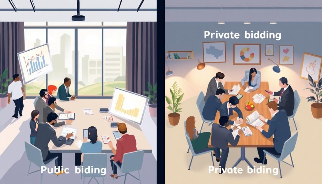 A split-screen illustration depicting two types of bidding processes: on one side, public bidding with a diverse group of business professionals in formal attire reviewing documents at a long conference table, surrounded by laptops, projectors, and charts highlighting financial stats. Natural light streams through large windows, giving warmth to the room. On the opposite side, private bidding shows a more intimate setting, featuring a smaller group of professionals engaged in a discussion around a wooden table, with close-up shots of contracts and a relaxed atmosphere. Soft ambient lighting creates a collaborative feel. The background features subtle hints of an office environment, such as plants and artwork, reflecting a professional mood. A split-screen illustration depicting two types of bidding processes: on one side, public bidding with a diverse group of business professionals in formal attire reviewing documents at a long conference table, surrounded by laptops, projectors, and charts highlighting financial stats. Natural light streams through large windows, giving warmth to the room. On the opposite side, private bidding shows a more intimate setting, featuring a smaller group of professionals engaged in a discussion around a wooden table, with close-up shots of contracts and a relaxed atmosphere. Soft ambient lighting creates a collaborative feel. The background features subtle hints of an office environment, such as plants and artwork, reflecting a professional mood.
