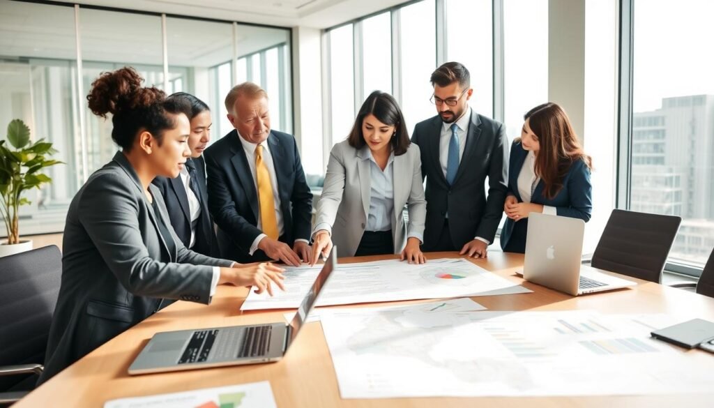 A step-by-step visual representation of forming a temporary union for bidding in Colombia. In the foreground, a diverse group of three professionals in smart business attire, engaged in discussion, pointing at a detailed plan on a large document. The middle ground features a large conference table with laptops, charts, and Colombian maps, showcasing strategic planning. The background includes a bright, modern office environment with large windows allowing natural light to flood the space, casting soft shadows. The atmosphere is collaborative and focused, with a sense of urgency and teamwork. Use a wide-angle lens to capture the entire scene, emphasizing the unity and determination of the team as they work towards their goal.