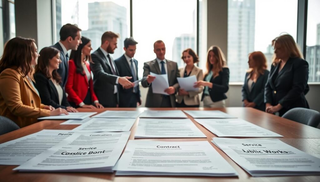 A table in a modern office setting displaying various types of public contracts. In the foreground, neatly organized contract documents, each labeled with categories such as "Construction," "Service," "Supply," and "Public Works." In the middle ground, a diverse group of professionals in business attire (men and women) discussing and pointing at the contracts, symbolizing collaboration and decision-making. The background features a large window with natural light flowing in, showcasing a cityscape, adding a sense of openness. The lighting is bright but soft, creating a warm and inviting atmosphere. The scene conveys a sense of professionalism and informed discussions about contract selection. A table in a modern office setting displaying various types of public contracts. In the foreground, neatly organized contract documents, each labeled with categories such as "Construction," "Service," "Supply," and "Public Works." In the middle ground, a diverse group of professionals in business attire (men and women) discussing and pointing at the contracts, symbolizing collaboration and decision-making. The background features a large window with natural light flowing in, showcasing a cityscape, adding a sense of openness. The lighting is bright but soft, creating a warm and inviting atmosphere. The scene conveys a sense of professionalism and informed discussions about contract selection.