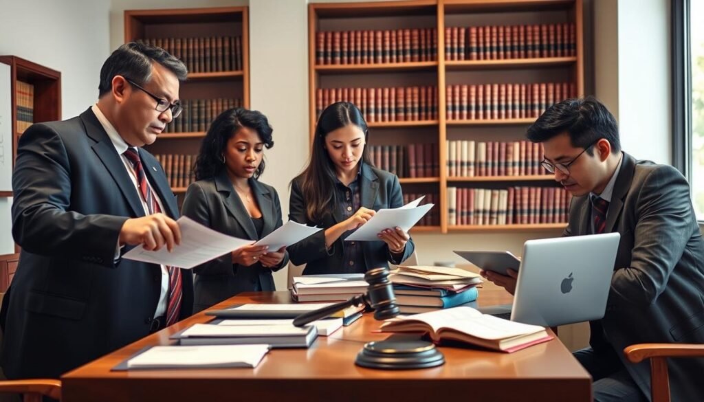 A thoughtful legal setting illustrating the concept of "Jurisdicción y competencia." In the foreground, a diverse group of three professionals in business attire engaged in a serious discussion. One is a middle-aged Hispanic male lawyer pointing to a document, while a young African American female is taking notes, and an Asian male is analyzing a case file. In the middle, a large wooden table cluttered with legal books, a gavel, and a laptop. In the background, a shelf filled with law books and a large window letting in natural light, creating a warm and focused atmosphere. The lighting is soft and highlights the serious expressions of the professionals, capturing the mood of deliberation and professionalism in a modern legal environment. A thoughtful legal setting illustrating the concept of "Jurisdicción y competencia." In the foreground, a diverse group of three professionals in business attire engaged in a serious discussion. One is a middle-aged Hispanic male lawyer pointing to a document, while a young African American female is taking notes, and an Asian male is analyzing a case file. In the middle, a large wooden table cluttered with legal books, a gavel, and a laptop. In the background, a shelf filled with law books and a large window letting in natural light, creating a warm and focused atmosphere. The lighting is soft and highlights the serious expressions of the professionals, capturing the mood of deliberation and professionalism in a modern legal environment.