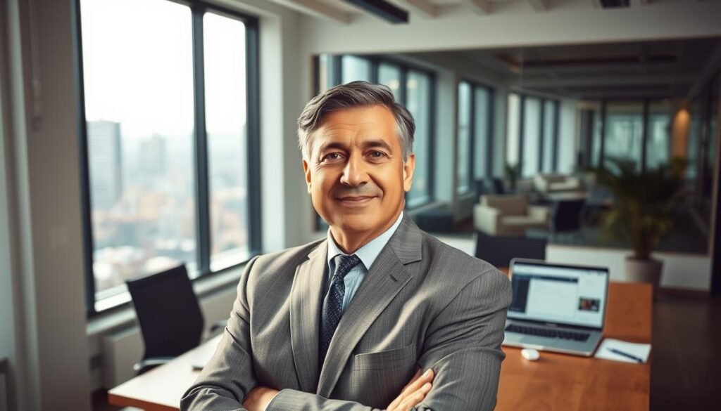 A thoughtful, professional individual depicted as a "persona natural" standing confidently in a modern office environment. In the foreground, a middle-aged person with a friendly expression, wearing smart business attire, looking directly at the viewer. In the middle ground, a desk with organized documents and a laptop open to a procurement portal. The background features a large window with natural light streaming in, revealing a city skyline outside, hinting at a business district. The overall atmosphere is one of professionalism and efficiency, embodying a sense of purpose for navigating public purchasing in Colombia. Soft lighting enhances the calm yet focused mood, with a wide-angle perspective to capture the entire workspace. A thoughtful, professional individual depicted as a "persona natural" standing confidently in a modern office environment. In the foreground, a middle-aged person with a friendly expression, wearing smart business attire, looking directly at the viewer. In the middle ground, a desk with organized documents and a laptop open to a procurement portal. The background features a large window with natural light streaming in, revealing a city skyline outside, hinting at a business district. The overall atmosphere is one of professionalism and efficiency, embodying a sense of purpose for navigating public purchasing in Colombia. Soft lighting enhances the calm yet focused mood, with a wide-angle perspective to capture the entire workspace.