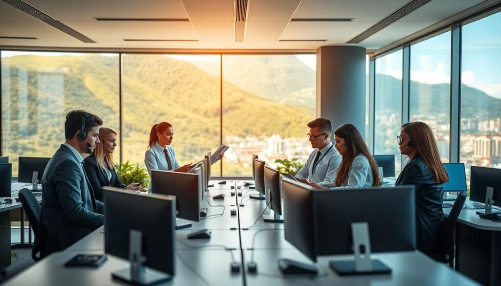 A tranquil scene depicting a modern call center in Norte Santander, Colombia. In the foreground, a group of diverse professionals, dressed in smart business attire, engage in a collaborative discussion, reviewing documents and digital devices. In the middle, several sleek desks with computers and headsets create a dynamic workspace, equipped with soft, diffused lighting to enhance productivity. The background showcases panoramic windows revealing the lush green hills and vibrant urban landscapes characteristic of Norte Santander, bathed in warm sunlight. The atmosphere is focused and energetic, reflecting a sense of teamwork and preparation for a successful bidding process. Capture this scene with a slight depth of field effect, highlighting the professionals and their collaborative efforts.