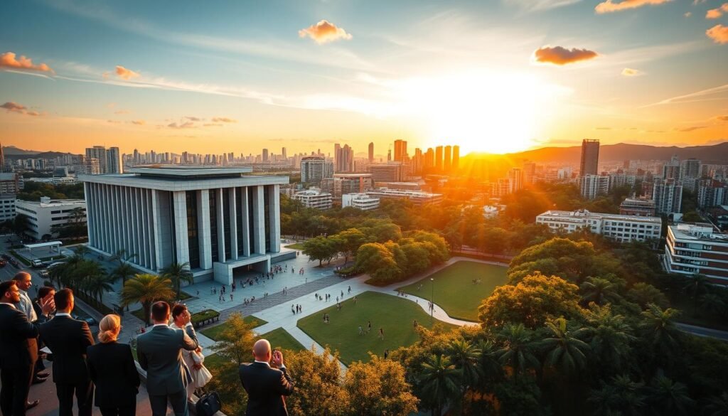 A vibrant and dynamic cityscape representing governance in Colombia, featuring a modern governmental building prominently in the foreground. Surrounding the building, diverse groups of professional individuals in business attire engage in collaborative discussions, illustrating teamwork and democracy. In the middle ground, a lush park with citizens of varying ages and backgrounds enjoying the space, symbolizing community engagement. The background features a beautiful sunset over the skyline, casting warm golden light that enhances the hopeful atmosphere. The image should have a slightly elevated angle to capture the bustling activity from above, with soft shadows creating a sense of depth. The overall mood conveys a strong sense of order, collaboration, and forward-thinking governance. A vibrant and dynamic cityscape representing governance in Colombia, featuring a modern governmental building prominently in the foreground. Surrounding the building, diverse groups of professional individuals in business attire engage in collaborative discussions, illustrating teamwork and democracy. In the middle ground, a lush park with citizens of varying ages and backgrounds enjoying the space, symbolizing community engagement. The background features a beautiful sunset over the skyline, casting warm golden light that enhances the hopeful atmosphere. The image should have a slightly elevated angle to capture the bustling activity from above, with soft shadows creating a sense of depth. The overall mood conveys a strong sense of order, collaboration, and forward-thinking governance.
