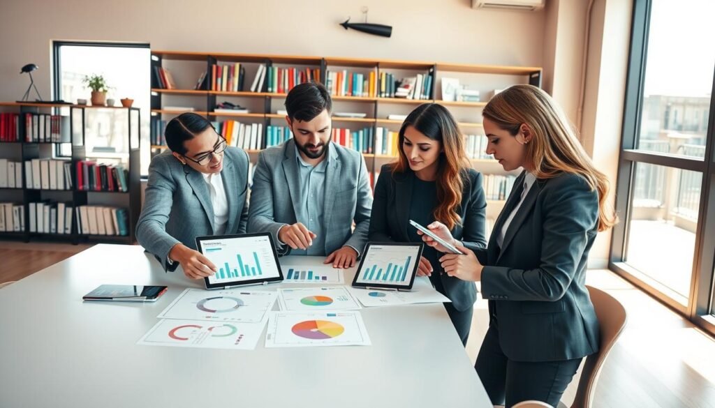 A vibrant and engaging educational setting showcasing a modern classroom environment focused on information utilization in education. In the foreground, a group of diverse educators—two men and two women—are gathered around a sleek table, analyzing colorful charts and digital devices depicting educational data. One educator points at a graph on a tablet, while the others discuss insights, dressed in professional business attire. In the middle ground, shelves filled with educational resources and technology tools emphasize the theme of information and decision-making. The background features large windows allowing natural light to flood in, creating an inviting atmosphere. The image conveys a sense of collaboration, innovation, and professional growth, with warm lighting enhancing the positive mood of learning and empowerment. A vibrant and engaging educational setting showcasing a modern classroom environment focused on information utilization in education. In the foreground, a group of diverse educators—two men and two women—are gathered around a sleek table, analyzing colorful charts and digital devices depicting educational data. One educator points at a graph on a tablet, while the others discuss insights, dressed in professional business attire. In the middle ground, shelves filled with educational resources and technology tools emphasize the theme of information and decision-making. The background features large windows allowing natural light to flood in, creating an inviting atmosphere. The image conveys a sense of collaboration, innovation, and professional growth, with warm lighting enhancing the positive mood of learning and empowerment.