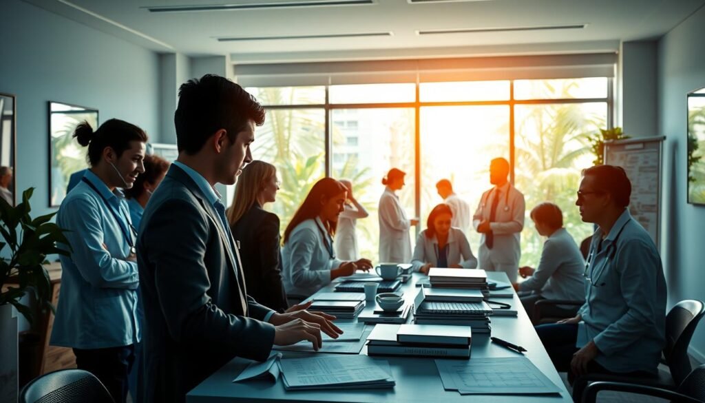 A vibrant and inspiring scene depicting "integral health" in a modern healthcare setting. In the foreground, a diverse group of professionals in business attire collaborates around a table filled with health-related documents and digital devices. The middle ground features medical practitioners and patients engaged in discussions, symbolizing effective access to healthcare services. In the background, a large window bathes the room in warm, natural light, showcasing greenery outside to evoke a sense of well-being. The atmosphere is positive and hopeful, with a color palette of soothing blues and greens. The composition captures the essence of overcoming barriers to health in Colombia, illustrating a commitment to comprehensive wellness.