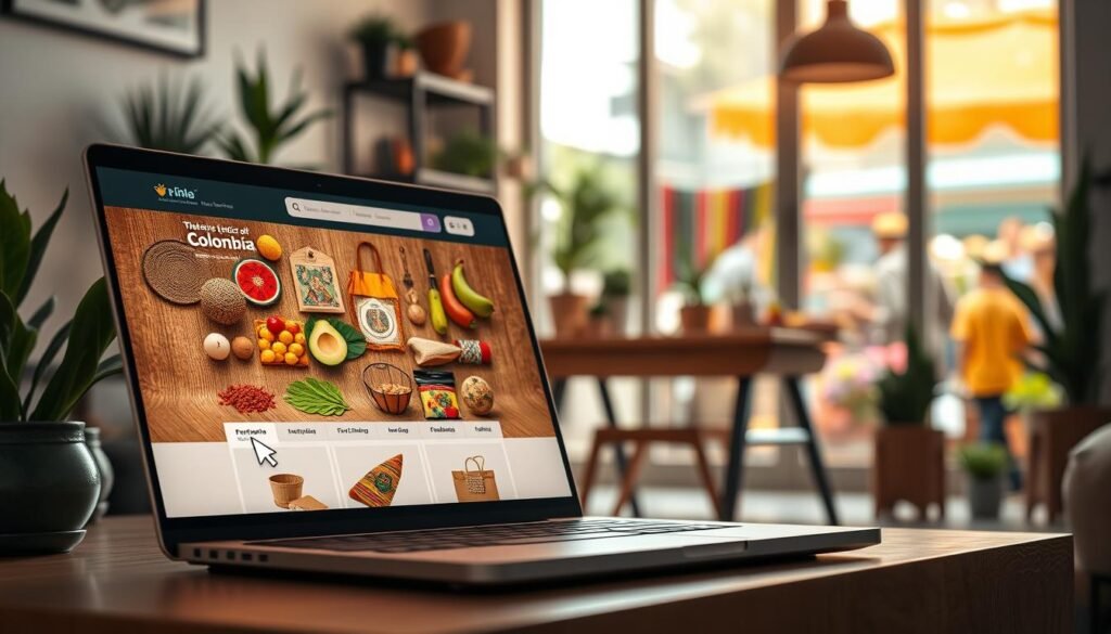 A vibrant and inviting online shopping platform interface featuring a diverse selection of products typical of Colombian culture, such as artisanal crafts, fresh produce, and colorful textiles. In the foreground, a laptop displaying the shopping website, with the cursor hovering over a "cart" icon, illuminated by soft, warm lighting to create a welcoming atmosphere. The middle ground showcases a cozy home environment, complete with a stylish desk, potted plants, and Colombian-inspired decorations. In the background, a large window reveals a bright, sunny day outside, hinting at a bustling market just beyond. The overall mood is friendly and efficient, emphasizing ease and accessibility in online shopping.