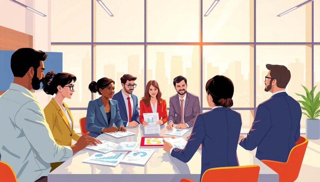 A vibrant and professional illustration depicting the concept of "transparency" in public procurement. In the foreground, a diverse group of professionals in business attire, engaged in an open discussion around a modern conference table, with documents and digital devices showcasing graphs and data. In the middle ground, large glass windows allow soft natural light to flood the room, highlighting the clarity and openness associated with transparent processes. In the background, a sleek cityscape can be seen, symbolizing progress and accountability. The atmosphere is collaborative and focused, with an emphasis on ethical practices and responsibility, creating a mood of trust and professionalism. A vibrant and professional illustration depicting the concept of "transparency" in public procurement. In the foreground, a diverse group of professionals in business attire, engaged in an open discussion around a modern conference table, with documents and digital devices showcasing graphs and data. In the middle ground, large glass windows allow soft natural light to flood the room, highlighting the clarity and openness associated with transparent processes. In the background, a sleek cityscape can be seen, symbolizing progress and accountability. The atmosphere is collaborative and focused, with an emphasis on ethical practices and responsibility, creating a mood of trust and professionalism.