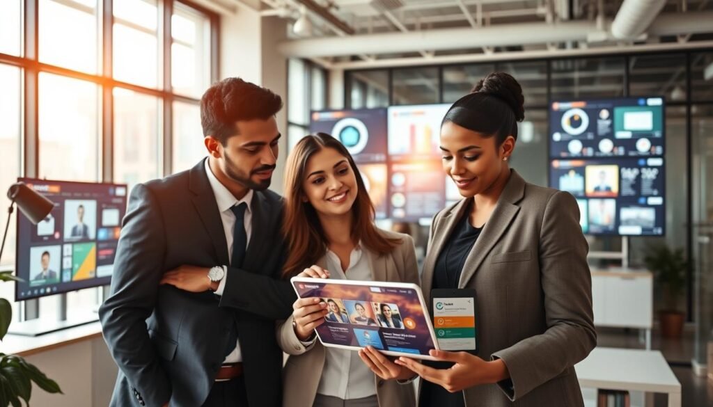 A vibrant and professional office environment depicting key digital platforms and portals significant for business opportunities in Colombia. In the foreground, showcase a diverse group of three professionals engaged in a discussion, dressed in smart business attire, analyzing a digital tablet displaying a colorful, interactive interface of a procurement platform. In the middle, various screens and devices display icons and data related to e-procurement and bidding sites, reflecting a sense of innovation. The background should feature a modern office with large windows letting in natural light, casting a warm glow over the scene. The overall mood is one of collaboration and energy, symbolizing a thriving marketplace and the search for business opportunities. The camera angle is slightly elevated, providing a dynamic view of the workspace.